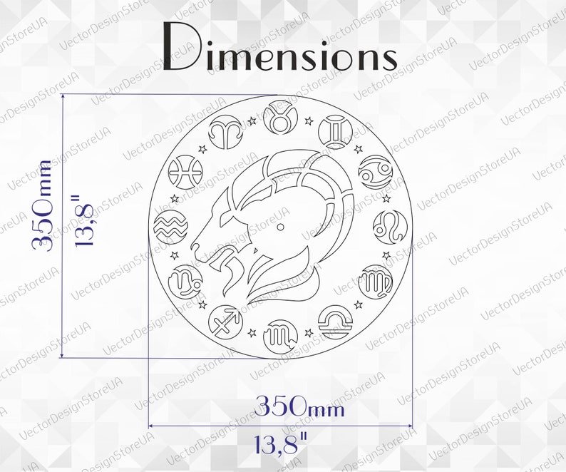 May include: A black and white line drawing of a zodiac wheel with the astrological sign of Capricorn in the centre. The wheel is 13.8 inches in diameter.