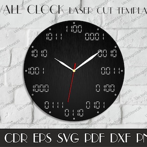 May include: A black wall clock with a digital display design. The clock has a white hour hand and a red minute hand. The clock is set against a white brick wall.