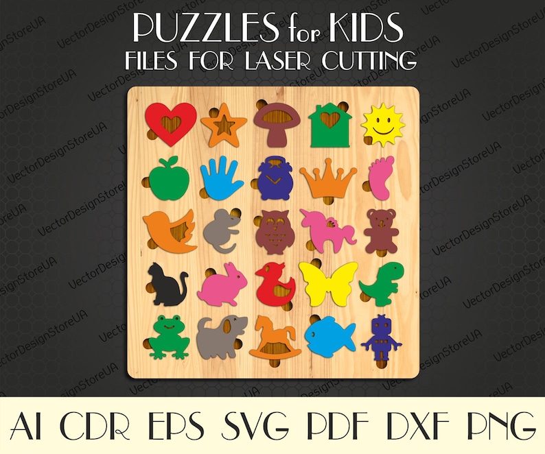 Op de afbeelding: Een houten puzzelbord met 20 kleurrijke vormen voor kinderen. De vormen omvatten een hart, een ster, een paddenstoel, een huis, een zon, een appel, een hand, een wekker, een kroon, een voet, een vogel, een muis, een uil, een eenhoorn, een teddybeer, een eend, een vlinder, een dinosaurus, een kikker, een hond, een vis en een robot. Het bord is gemaakt voor lasersnijden. De tekst "PUZZLES for KIDS" en "FILES FOR LASER CUTTING" staat op het bord gedrukt.