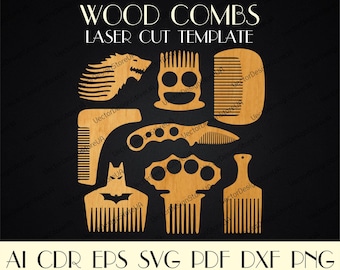 May include: A digital design template for laser cutting wooden combs. The design includes a variety of comb shapes, including a comb with a dragon design, a comb with a skull design, a comb with a Batman design, and a comb with a knuckle duster design. The text "WOOD COMBS LASER CUT TEMPLATE" is at the top of the image.