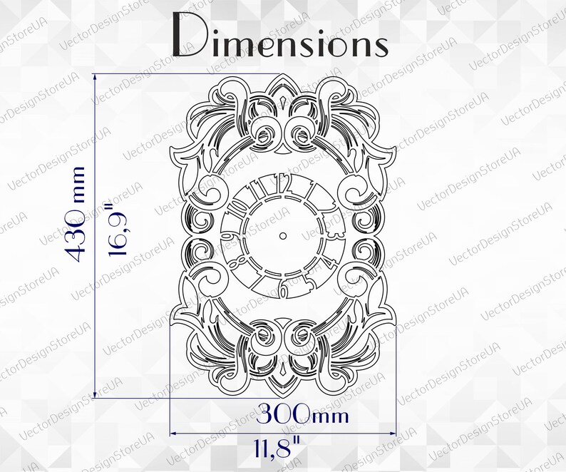 May include: Black and white vector design of a clock face with ornate floral and scrollwork border. The dimensions are 16.9 inches high and 11.8 inches wide, or 430 mm high and 300 mm wide.