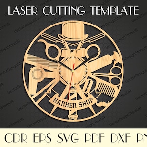 Barbier-Shop-Uhr, Barber Dekor, Uhr Laser geschnitten, Barber Svg, Barber Wanduhr, Housewarminggeschenk, Barber Geschenk, CNC-Uhr, Laser geschnitten Dateien WCM-50