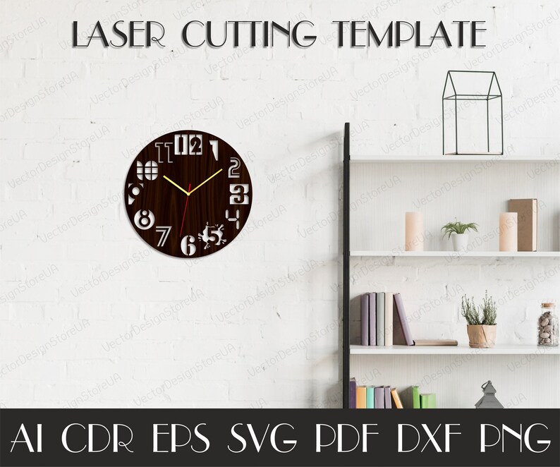 May include: A laser cutting template for a wooden clock. The clock has a dark brown face with white cut-out numbers and a deer silhouette. The clock hands are gold. The words "LASER CUTTING TEMPLATE" are above the clock. Below the clock are file type abbreviations.