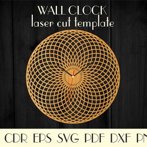 May include: Laser cut template for a wall clock with a geometric design. The clock face is a circle with a pattern of overlapping circles, creating a radial effect. The clock hands are black and red.