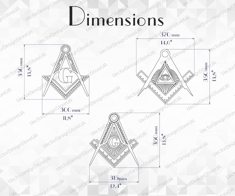May include: Three black and white Masonic square and compass designs with different sizes. The largest design is 14.6 inches by 13.8 inches. The middle design is 11.8 inches by 13.8 inches. The smallest design is 12.4 inches by 13.8 inches.