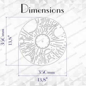 May include: A black and white line art design of a space-themed clock face with the word "Space" at the top. The clock face is 13.8 inches in diameter.