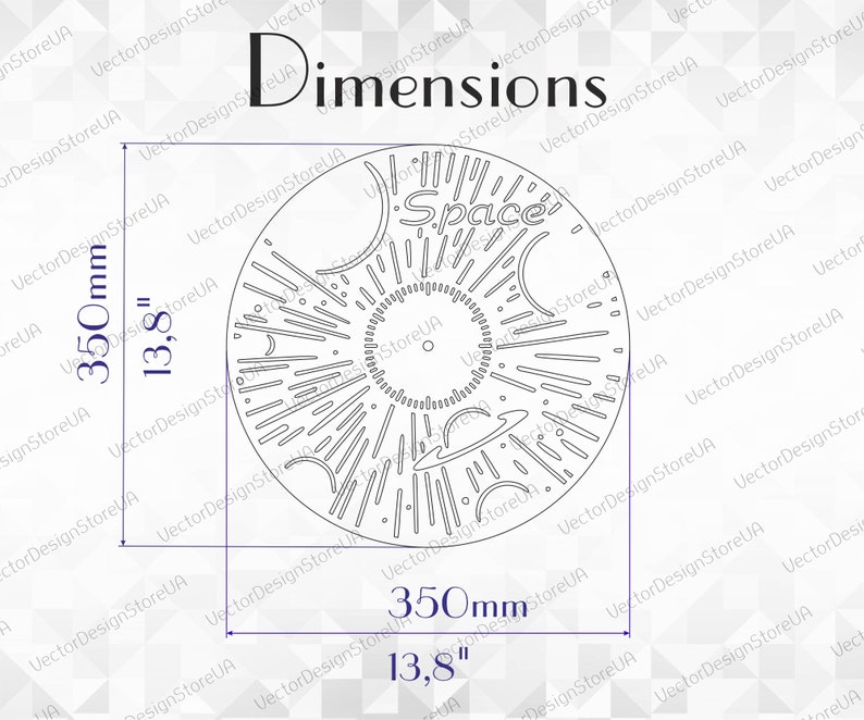 May include: A black and white line art design of a space-themed clock face with the word "Space" at the top. The clock face is 13.8 inches in diameter.