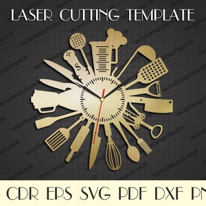Puede incluir: Un diseño de reloj cortado con láser de color dorado que presenta una variedad de utensilios de cocina, incluyendo un batidor, una espátula, un rodillo y un rallador. La esfera del reloj está en el centro del diseño, con las manecillas apuntando a la hora. El diseño está etiquetado como "LASER CUTTING TEMPLATE" e incluye los formatos de archivo AI, CDR, EPS, SVG, PDF, DXF y PNG.