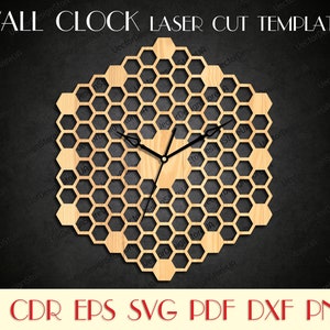 May include: A wooden wall clock laser cut template with a honeycomb design. The clock features black hands and the text "WALL CLOCK LASER CUT TEMPLATE". The design includes file formats: AI, CDR, EPS, SVG, PDF, DXF, and PNG.