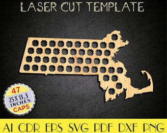 Archivo de mapa de tapas de cerveza de Massachusetts, arte de pared de cerveza de Massachusetts, soporte de tapas de cerveza svg, decoración de cerveza, regalo del día del padre, planes CNC, archivo de corte láser LCT-9