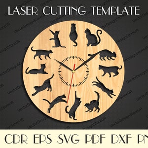 Decorazione da parete gatti,Arte da parete gatti,Orologio da parete gatti,Gatti in formato svg,Regalo con gatti,Adoro i gatti,File tagliati al laser,Orologio in formato svg,File Dxf per laser WCM-166
