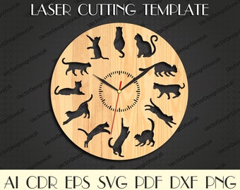 Cats wall decor,Cats wall art,Cats wall clock,Cats svg,Gift with cats,I love cats,Laser cut files,Clock svg,Dxf files for laser WCM-166