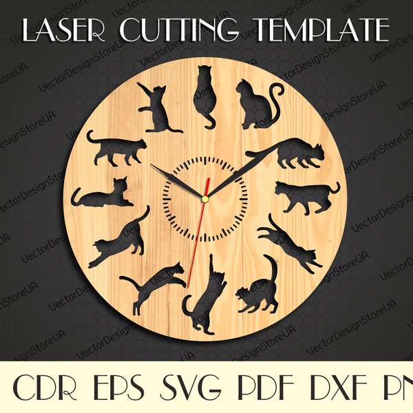 Cats wall decor,Cats wall art,Cats wall clock,Cats svg,Gift with cats,I love cats,Laser cut files,Clock svg,Dxf files for laser WCM-166