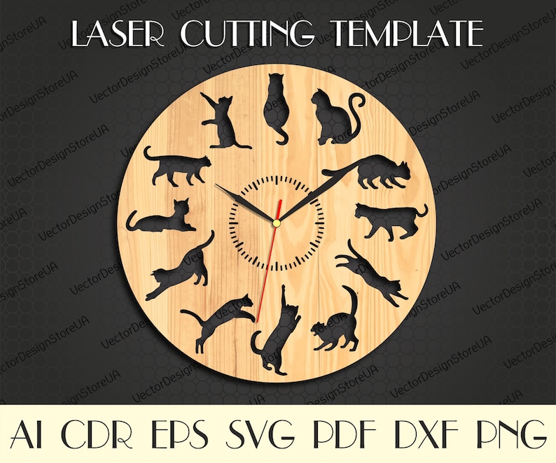 Decoración de pared de gatos, arte de pared de gatos, reloj de pared de gatos, gatos svg, regalo con gatos, me encantan los gatos, archivos cortados con láser, reloj svg, archivos Dxf para láser WCM-166 imagen 1