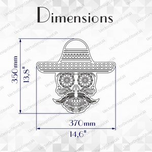 May include: Black and white line art illustration of a sugar skull wearing a sombrero. The skull has intricate details and is surrounded by a decorative border. The image includes dimensions: 13.8" x 14.6".