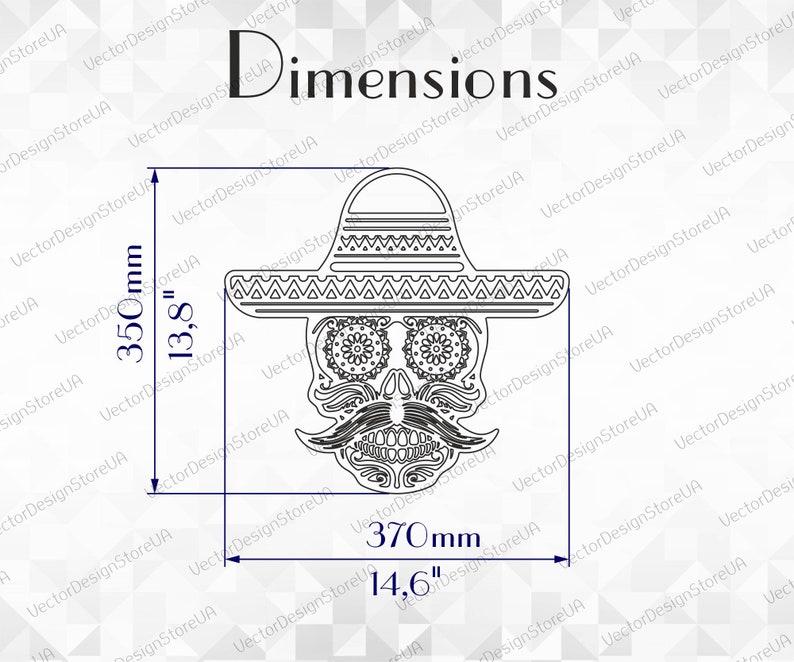 May include: Black and white line art illustration of a sugar skull wearing a sombrero. The skull has intricate details and is surrounded by a decorative border. The image includes dimensions: 13.8" x 14.6".