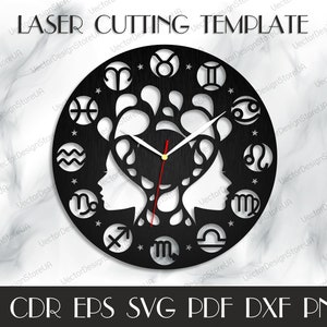 May include: Black laser-cut wall clock featuring a Gemini design with zodiac symbols around the edge. The clock has white hands and the text "LASER CUTTING TEMPLATE" at the top. The bottom of the image displays file format options.