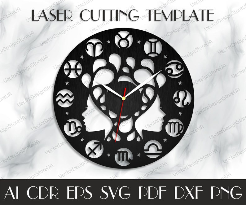 May include: Black laser-cut wall clock featuring a Gemini design with zodiac symbols around the edge. The clock has white hands and the text "LASER CUTTING TEMPLATE" at the top. The bottom of the image displays file format options.