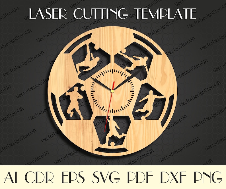 May include: A laser cut wooden clock design featuring a soccer ball with five players in different positions. The clock face is in the center of the soccer ball.
