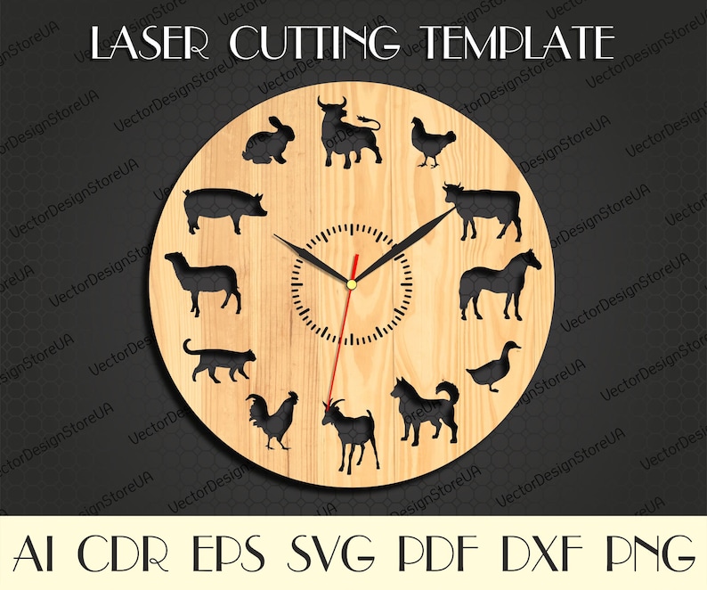 May include: A wooden clock face with a clock hand and a variety of animal silhouettes cut out around the clock face. The animals include a bull, a rabbit, a chicken, a cow, a horse, a cat, a goat, a duck, and a rooster. The text "LASER CUTTING TEMPLATE" is at the top of the clock face.