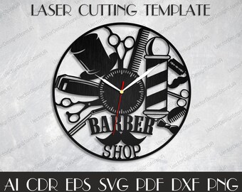 Reloj de la peluquería, señal de barbero, decoración del poste de la peluquería, secador de barbería, arte de la pared, arte colgante de la pared, regalo del barbero, reloj CNC, forma de corte del laser WCM-8