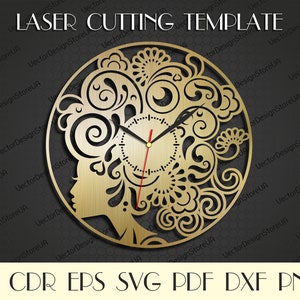 Puede incluir: Una plantilla de reloj de corte por l&aacute;ser con el rostro de una mujer y dise&ntilde;os florales intrincados. La plantilla est&aacute; disponible en los formatos AI, CDR, EPS, SVG, PDF, DXF y PNG.