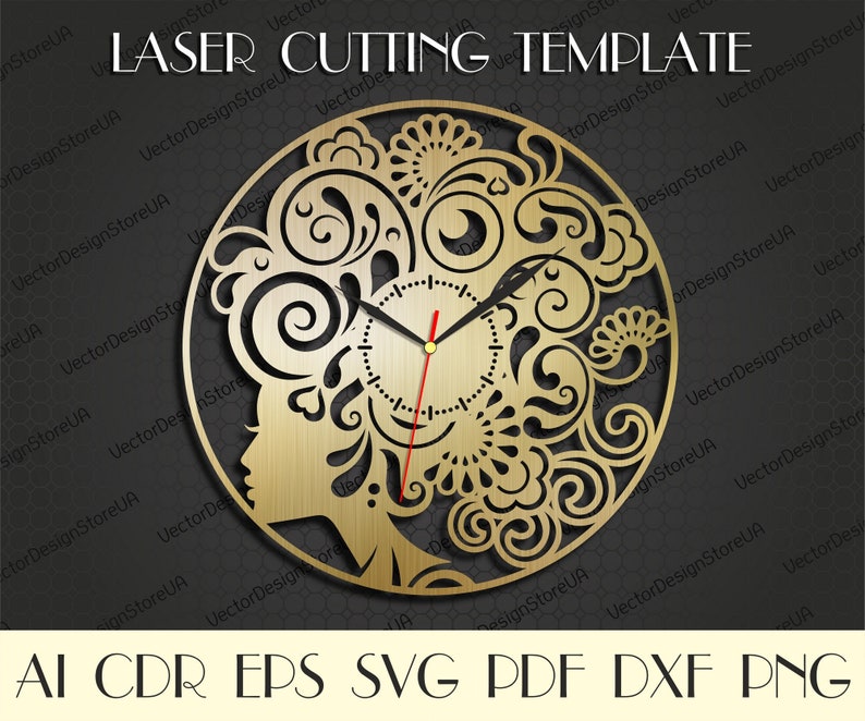 Puede incluir: Una plantilla de reloj de corte por l&aacute;ser con el rostro de una mujer y dise&ntilde;os florales intrincados. La plantilla est&aacute; disponible en los formatos AI, CDR, EPS, SVG, PDF, DXF y PNG.
