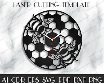 Decoración de la pared de las abejas, arte de la pared de las abejas, reloj de pared de las abejas, svg de abejas, regalo con abejas, me encantan las abejas, archivos cortados con láser, reloj svg, archivos Dxf para láser WCM-201