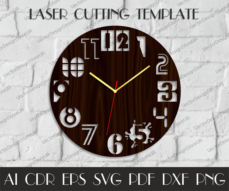 May include: A laser-cut wooden clock with a dark brown face and white numerals. The clock hands are yellow and red. The words "LASER CUTTING TEMPLATE" are at the top. The bottom of the image has file type abbreviations.