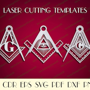 May include: Three silver Masonic compass and square designs with intricate details. The designs feature a letter G, an all-seeing eye, and a decorative pattern.  LASER CUTTING TEMPLATES is written at the top of the image. AI CDR EPS SVG PDF DXF PNG is written at the bottom of the image.