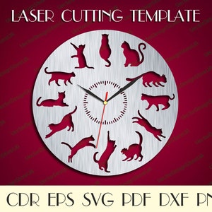 Decoración de pared de gatos, arte de pared de gatos, reloj de pared de gatos, gatos svg, regalo con gatos, me encantan los gatos, archivos cortados con láser, reloj svg, archivos Dxf para láser WCM-166 imagen 3