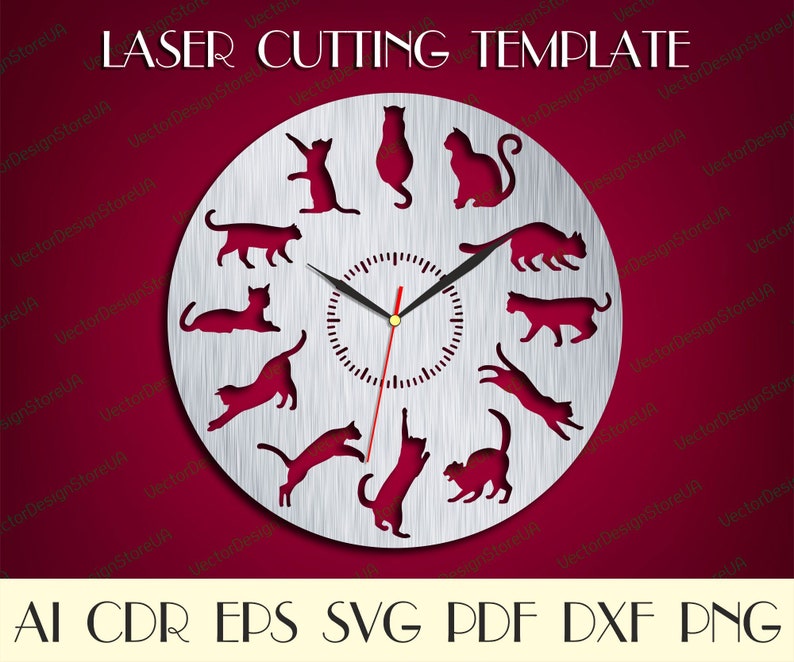 Decoración de pared de gatos, arte de pared de gatos, reloj de pared de gatos, gatos svg, regalo con gatos, me encantan los gatos, archivos cortados con láser, reloj svg, archivos Dxf para láser WCM-166 imagen 3