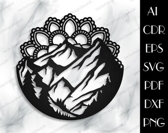 Arte de pared de metal de montañas, Montañas svg, Decoración de montañas, Arte de pared mandala, Decoración de mandala, Mandala svg, archivos cnc para láser, archivo de corte láser LCT-87