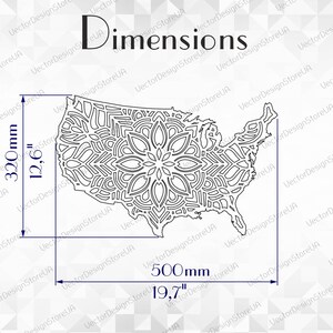 May include: A black and white line art design of the United States of America with a mandala pattern inside. The image includes dimensions in both inches and millimeters.