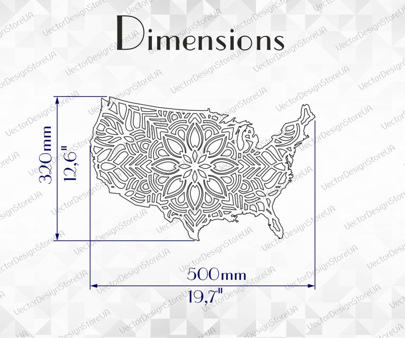 May include: A black and white line art design of the United States of America with a mandala pattern inside. The image includes dimensions in both inches and millimeters.