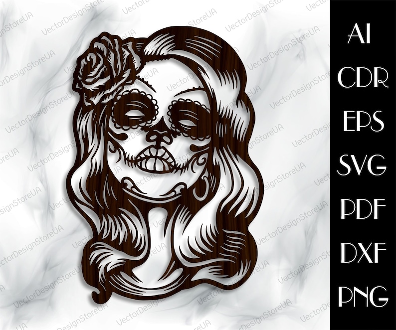 May include: A black and white digital illustration of a woman with a sugar skull face and long flowing hair. The woman is wearing a flower behind her ear.