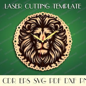 Decorazione murale leone, leone svg, arte murale leone, regalo leone, orologio leone dxf, arte murale natura, decorazione a strati, decorazione natura, file tagliati al laser, orologio svg WCM-258