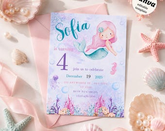 Editable Mermaid Birthday Invitation Template, Under the Sea birthday Invite, Printable 5x7, Instant Download, mermaid party invite,