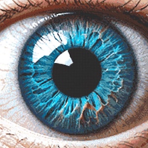 May include: A detailed close-up of a human eye featuring a vibrant blue iris with intricate radial patterns and a dark central pupil. The surrounding skin shows natural texture, fine lines, and visible eyelashes along the upper and lower eyelids.