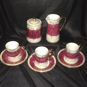 Antique Lustreware Coffee / Tea Set - Magenta, White & Gold