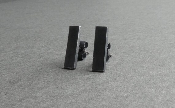 Tiny Rectangle Stud Earrings Textured /& Oxidised Sterling Silver