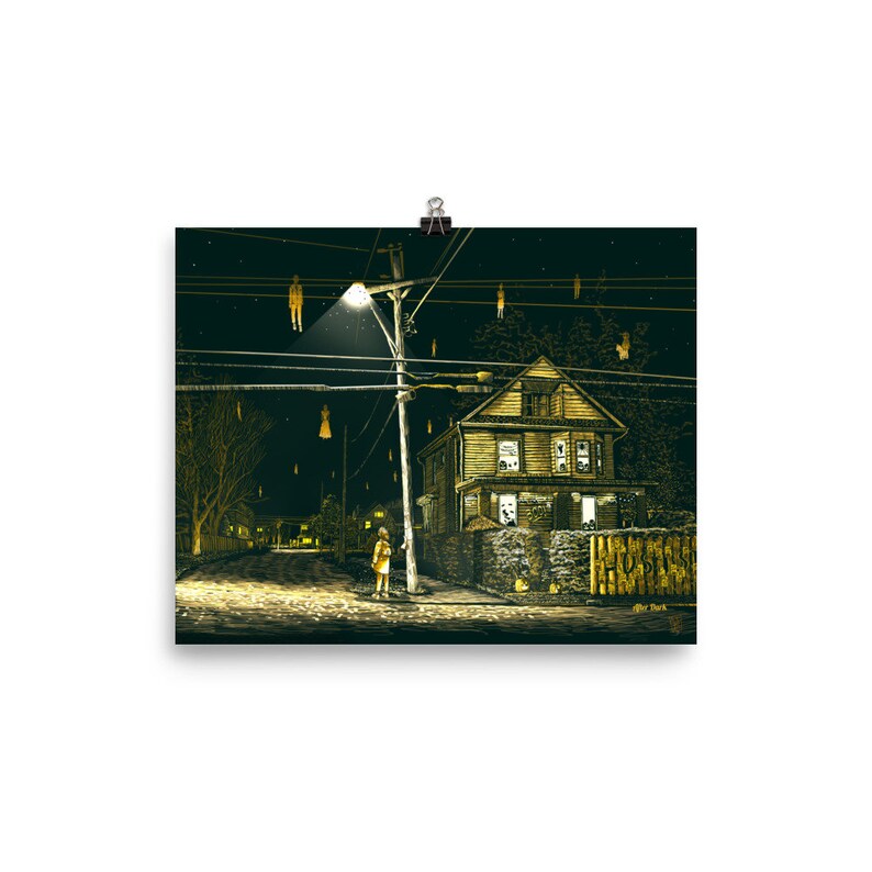 May include: A digital illustration of a house with glowing windows at night. The house is on a street with a streetlight and a person standing on the sidewalk. There are several figures hanging from the power lines.