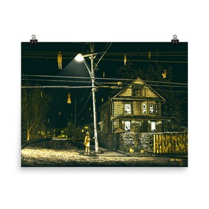 May include: A digital illustration of a house with a yellow and brown color scheme. The house is on a street with a streetlight and a figure standing in front of it. There are multiple figures hanging from the power lines. The text "HOUS" is visible on the house.
