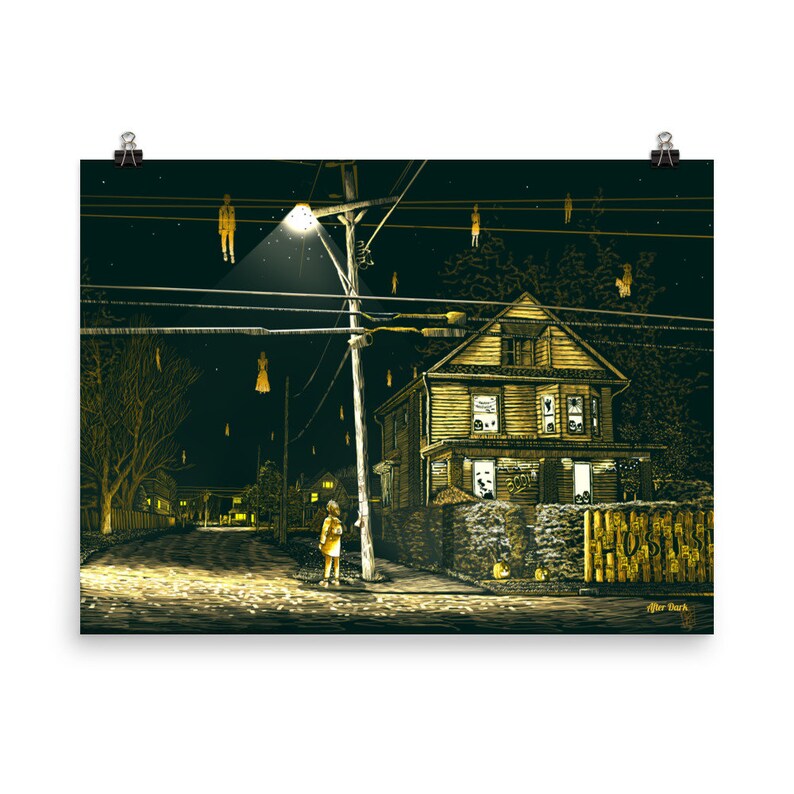 May include: A digital illustration of a house with a yellow and brown color scheme. The house is on a street with a streetlight and a figure standing in front of it. There are multiple figures hanging from the power lines. The text "HOUS" is visible on the house.