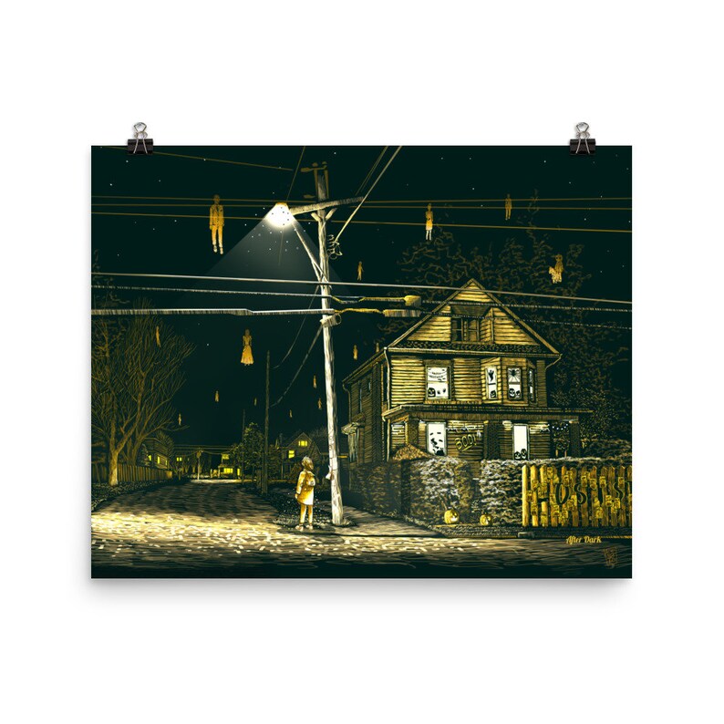 May include: A digital illustration of a house with a streetlight and a figure standing in front of it. The house is lit up with yellow lights and there are several figures hanging from the power lines. The text "HOUSEOF" is visible on the fence in front of the house.