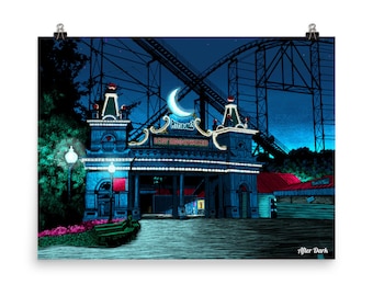 Lost Kennywood, Pittsburgh, 412, parco divertimenti, montagne russe, arte notturna, illustrazione, stampa, arte di Pittsburgh