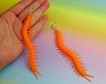 Centipede Earrings - Halloween Orange Millipede Neon Bug Insect Spooky Kidcore Weird Strange Jewellery Quirky Queer Handmade