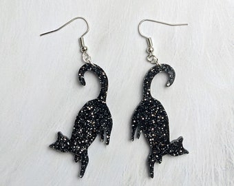 Black Cat Earrings - Glitter Acrylic Laser Cut Dangle Statement Silver Shimmer Animal Lover Pet Kitten Lucky Handmade Unique Gift