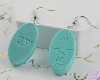 Estrogen Tablet Earrings - Trans Transgender Women LGBTQ+ LGBT Yassification Pride Femme Non Binary Queer Lesbian Teal Blue 3D Printed