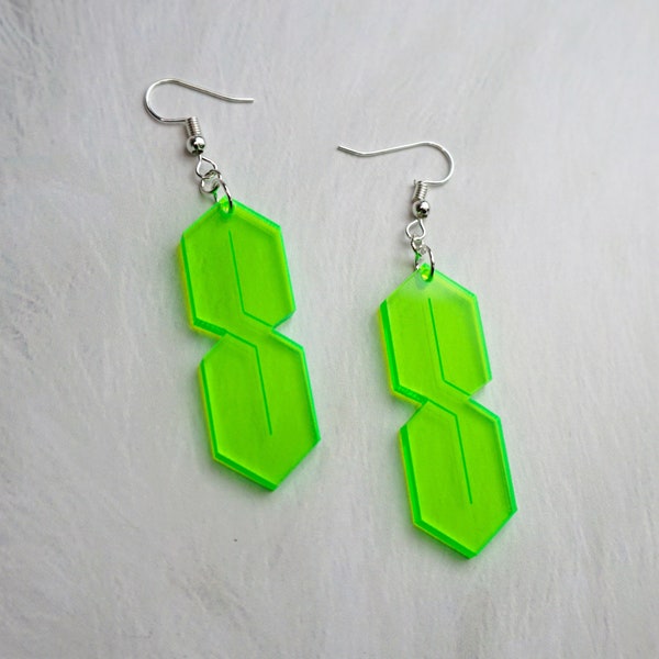 Cool S Earrings - Green Strussy Handmade Laser Cut Neon Fluorescent Transparent Rave Perspex Acrylic Gang Primary School UV Glow